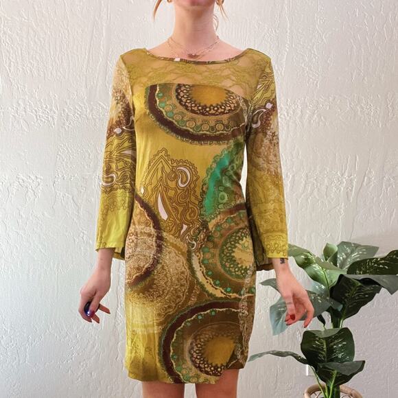 Y2K Green Paisley Printed Flare Sleeve Stretch Mini Dress - Picture 5 of 6